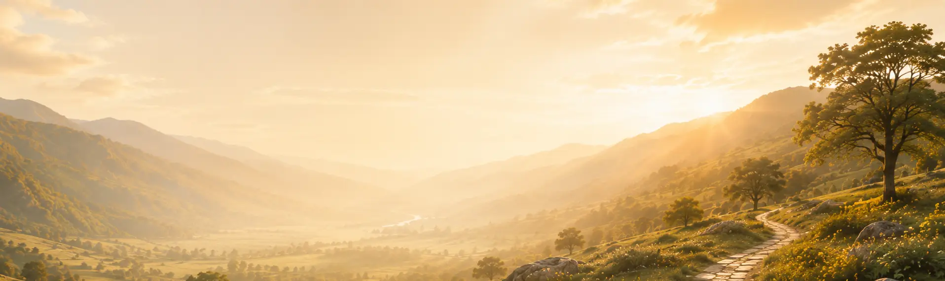 Sunlit path through mountain country